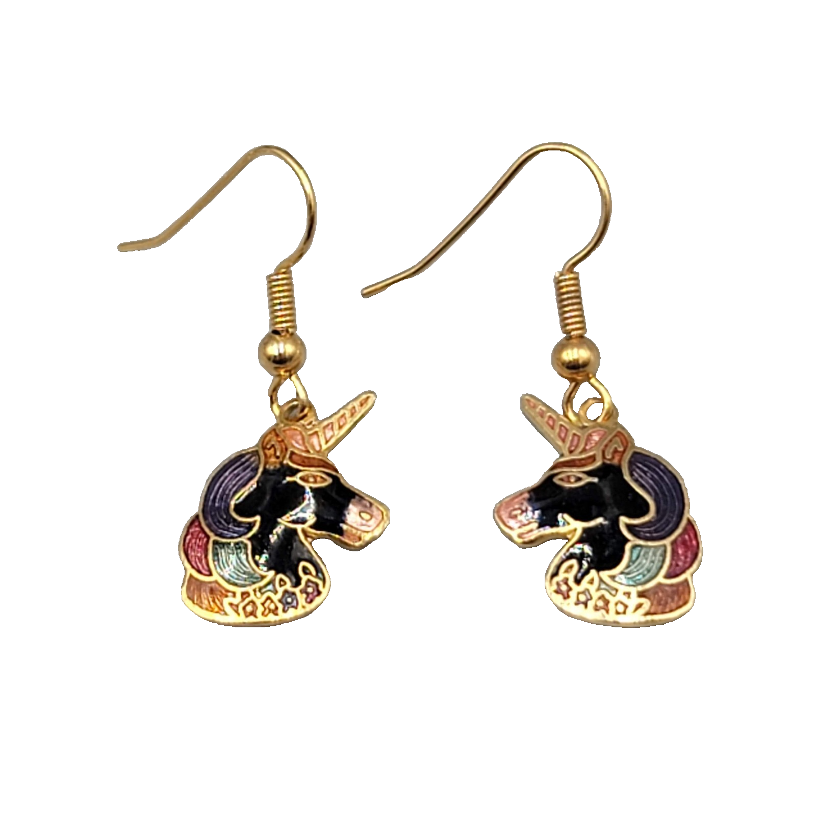 Vintage Enamel Cloisonne Unicorn Pierced Earrings Gold tone Dangle 3/4"