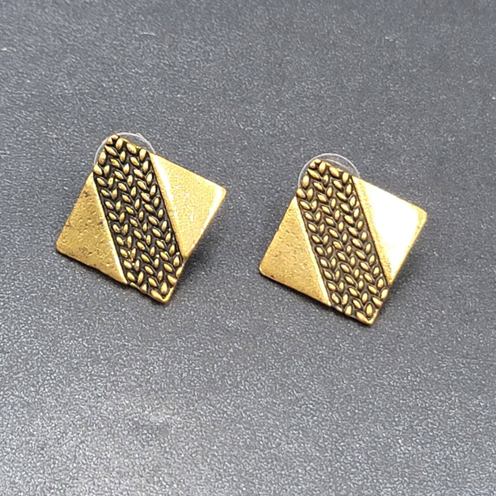 Pierced Earrings Antiqued Gold tone Brutalist Square Drop 1"