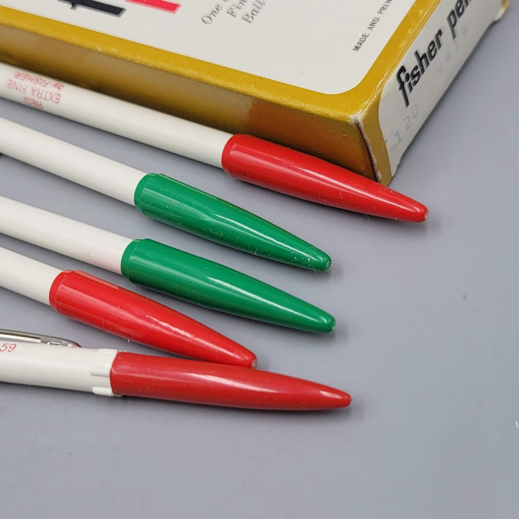 Vintage Fisher Skip Less Point Office Ballpoint Pens Lot of 5 Red Green Box USA