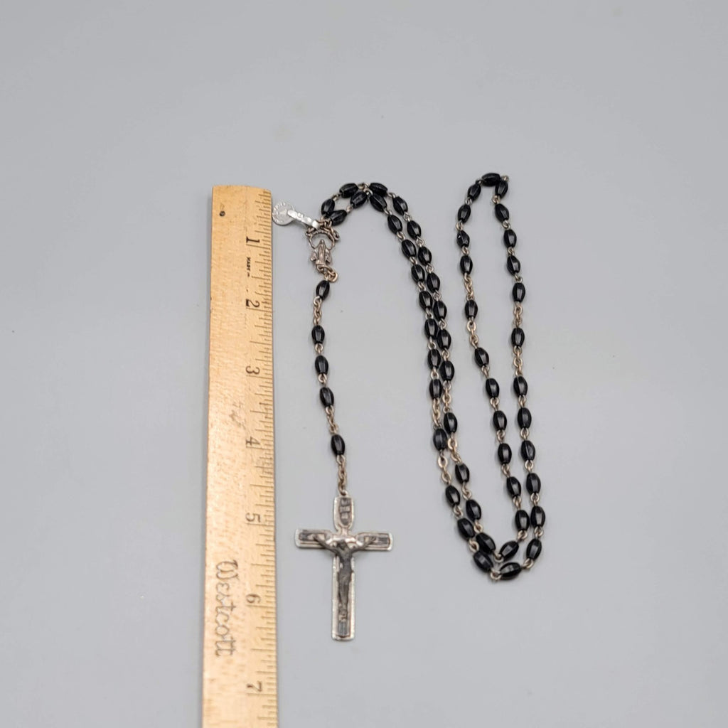 Catholic Rosary Crucifix Black Plastic Beads Silver tone Made in Italy