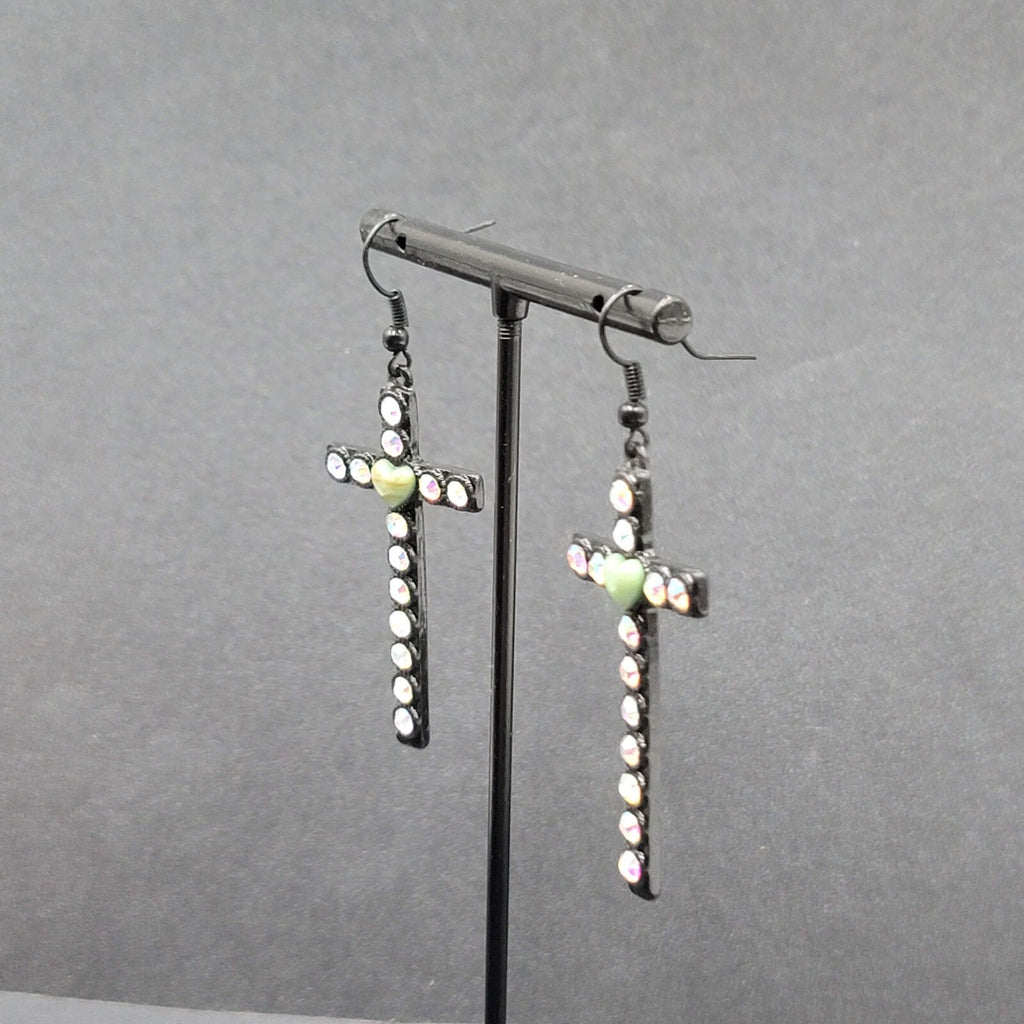 Cross Heart Pierced Earrings Black Metal Enamel AB Rhinestones Dangle 1 7/8"