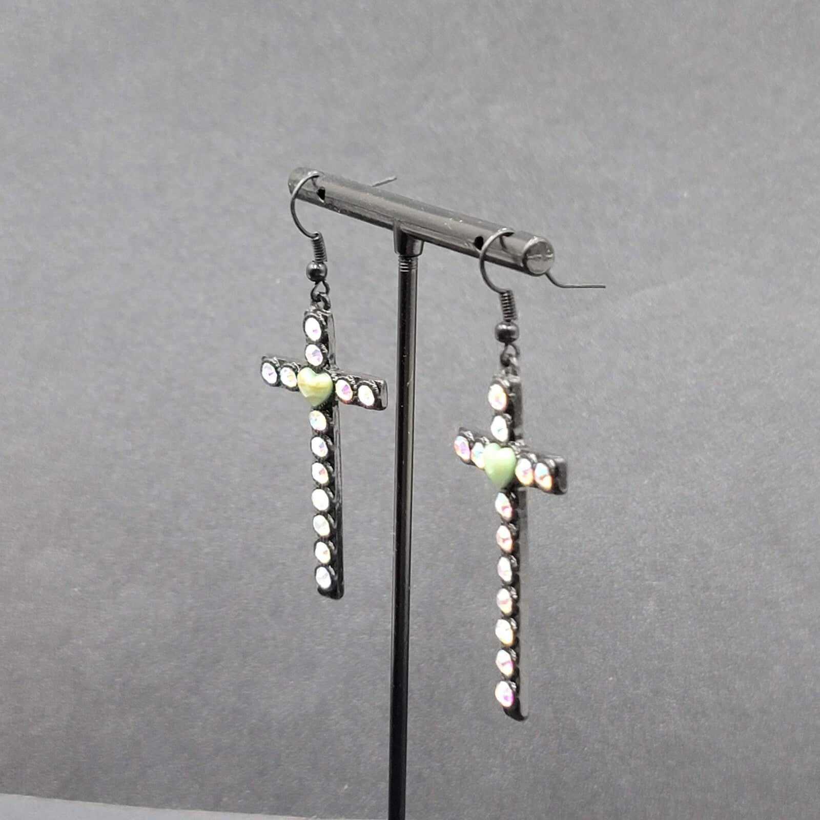 Cross Heart Pierced Earrings Black Metal Enamel AB Rhinestones Dangle 1 7/8"