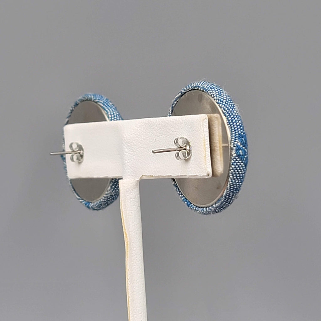 Vintage Round Denim Pierced Earrings 1 1/8"