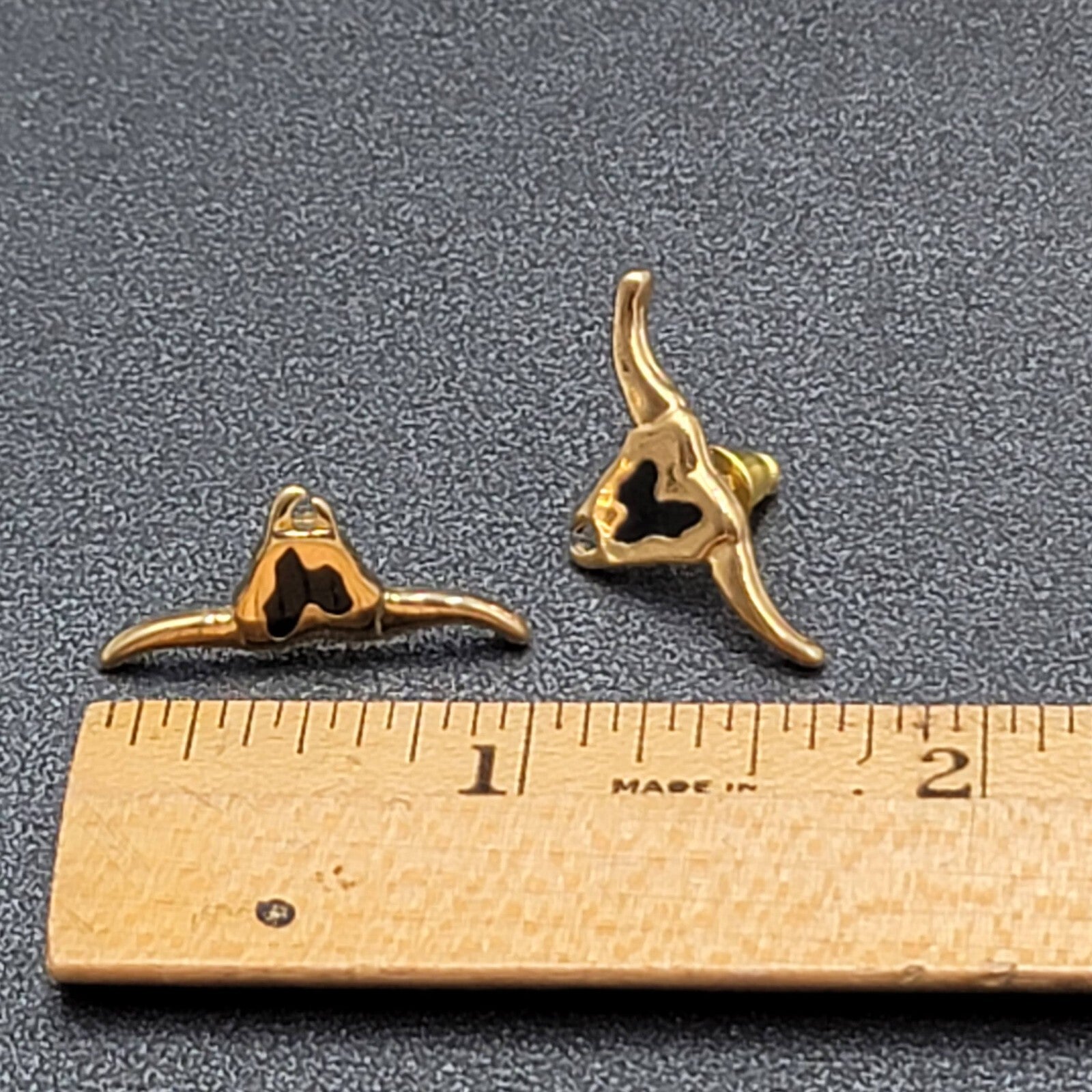 Vintage Pierced Earrings Gold Plated Long Horn Cattle Black Enamel Studs NOS