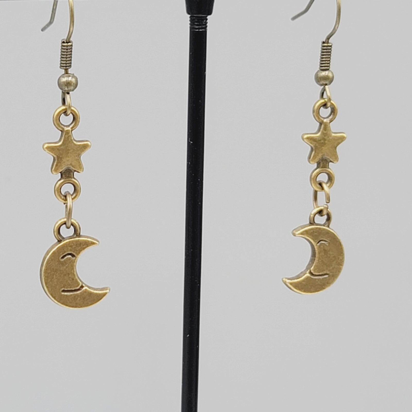 New Crescent Smiling Moon Star Pierced Earrings Bronze tone Dangle 1.25"