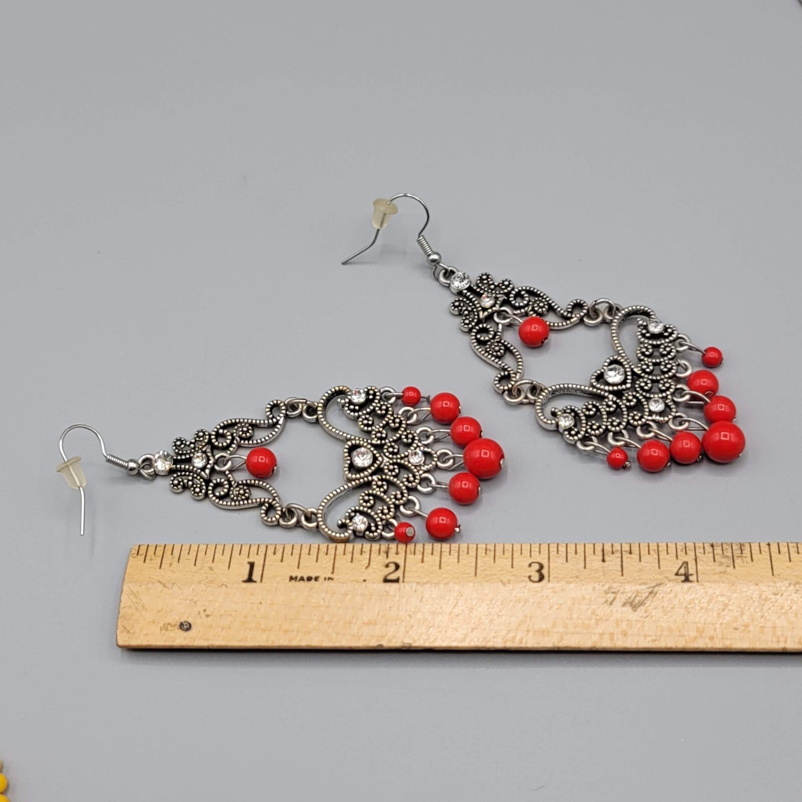Chandelier Pierced Earrings Silver tone Red Bead Crystal Rhinestone 2.5"