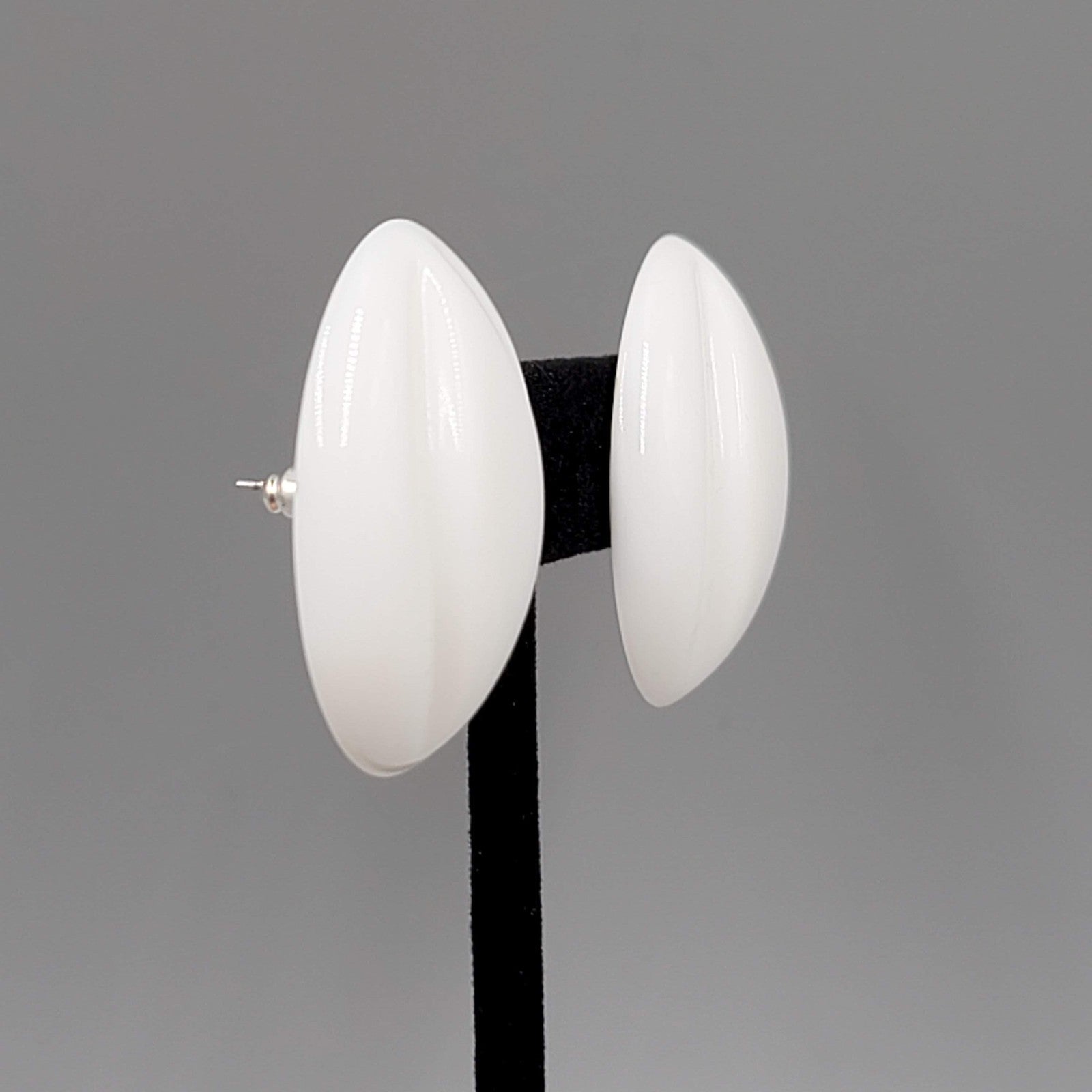 Vintage Large White Statement Pierced Earrings Solid Acrylic Drop 1 3/8"