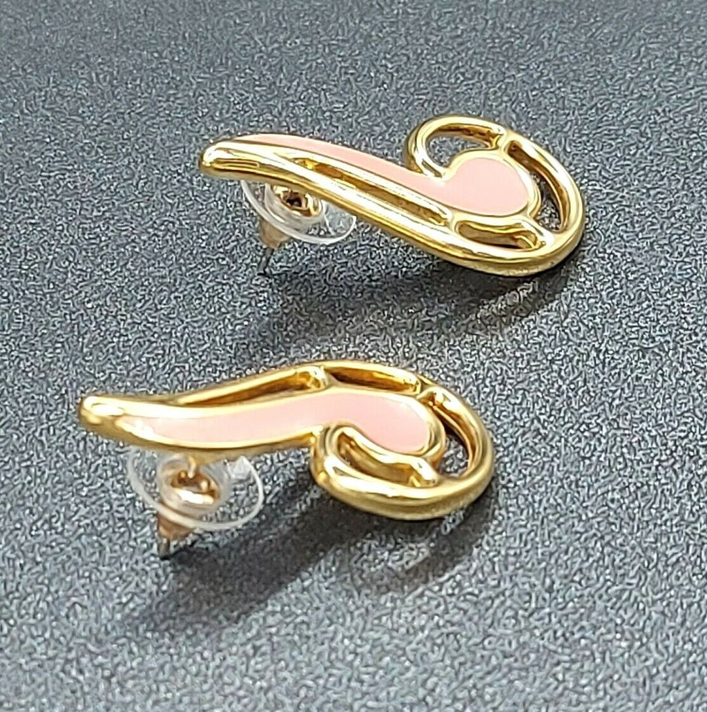 Vintage Pierced Earrings Gold Plated Pink Enamel Statement 1 1/4"
