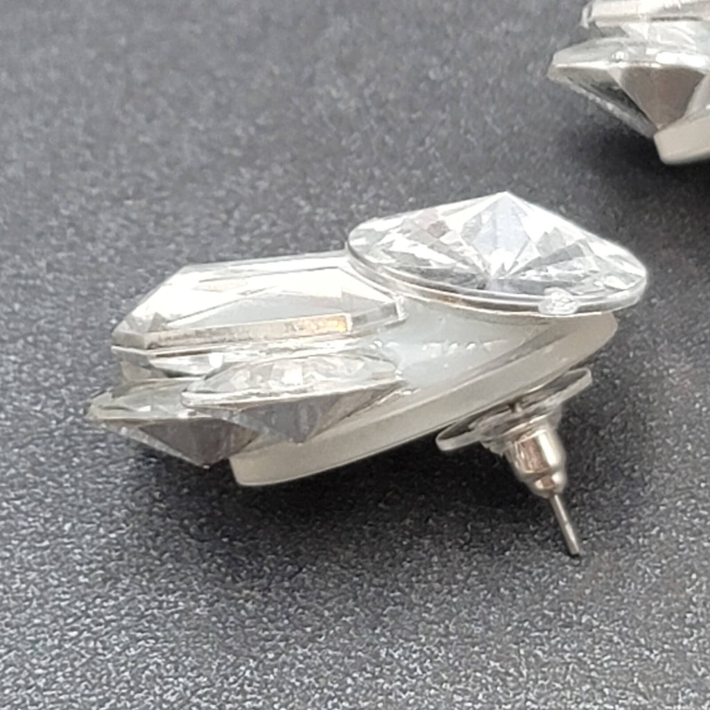 Pierced Earrings Silver tone Large Statement Acrylic Sparkle 1 3/8"