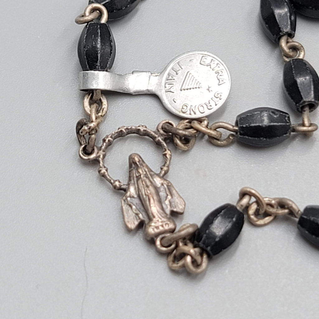 Catholic Rosary Crucifix Black Plastic Beads Silver tone Made in Italy