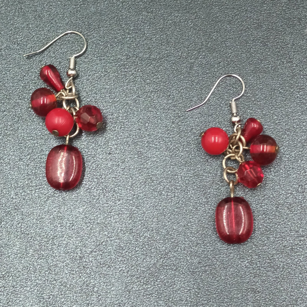 Pierced Earrings Red Acrylic Bead Cluster Silver tone Hook Dangle 1 3/8"