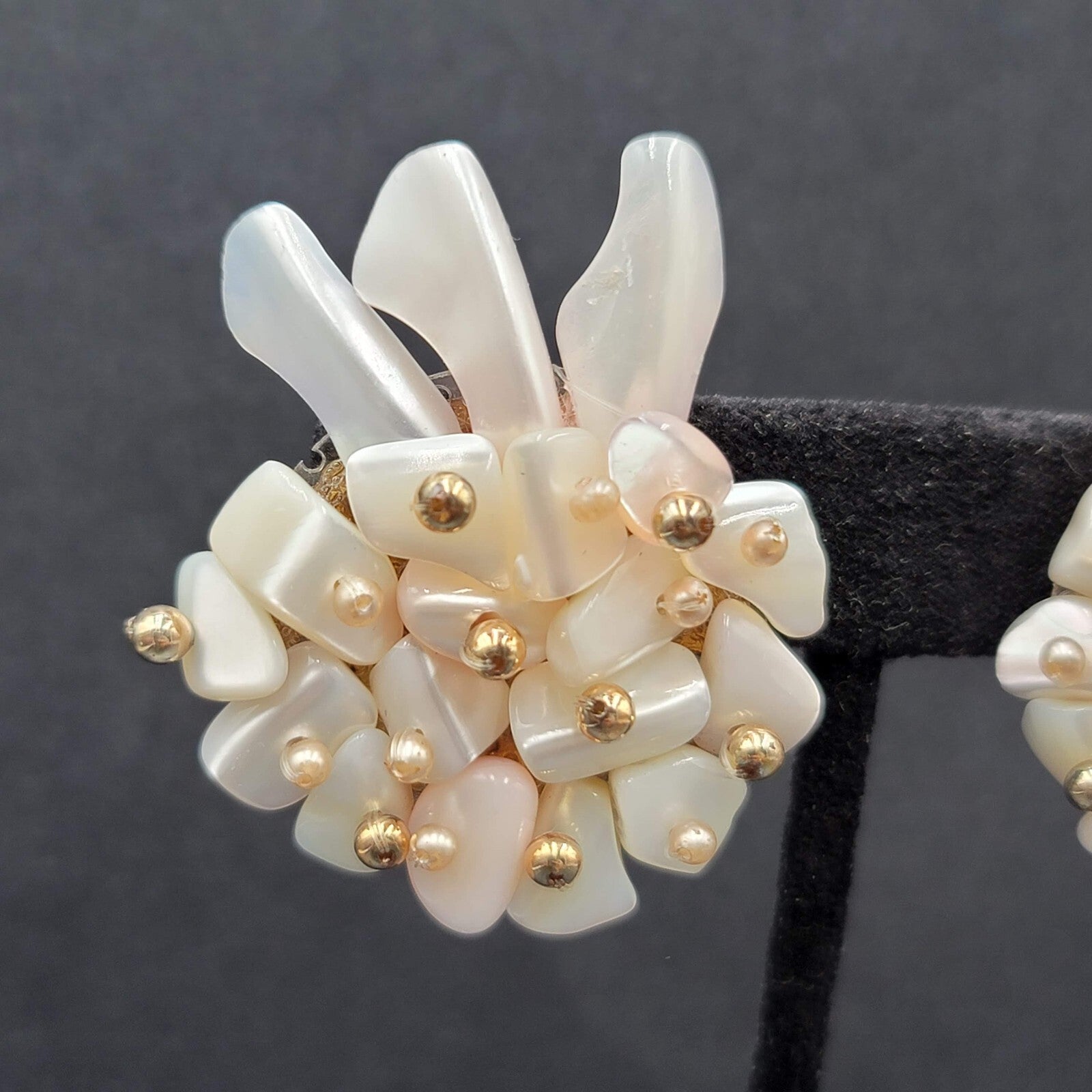 Vintage Clip on Earrings Large Statement Shell Climber Cluster Beads 1.75"