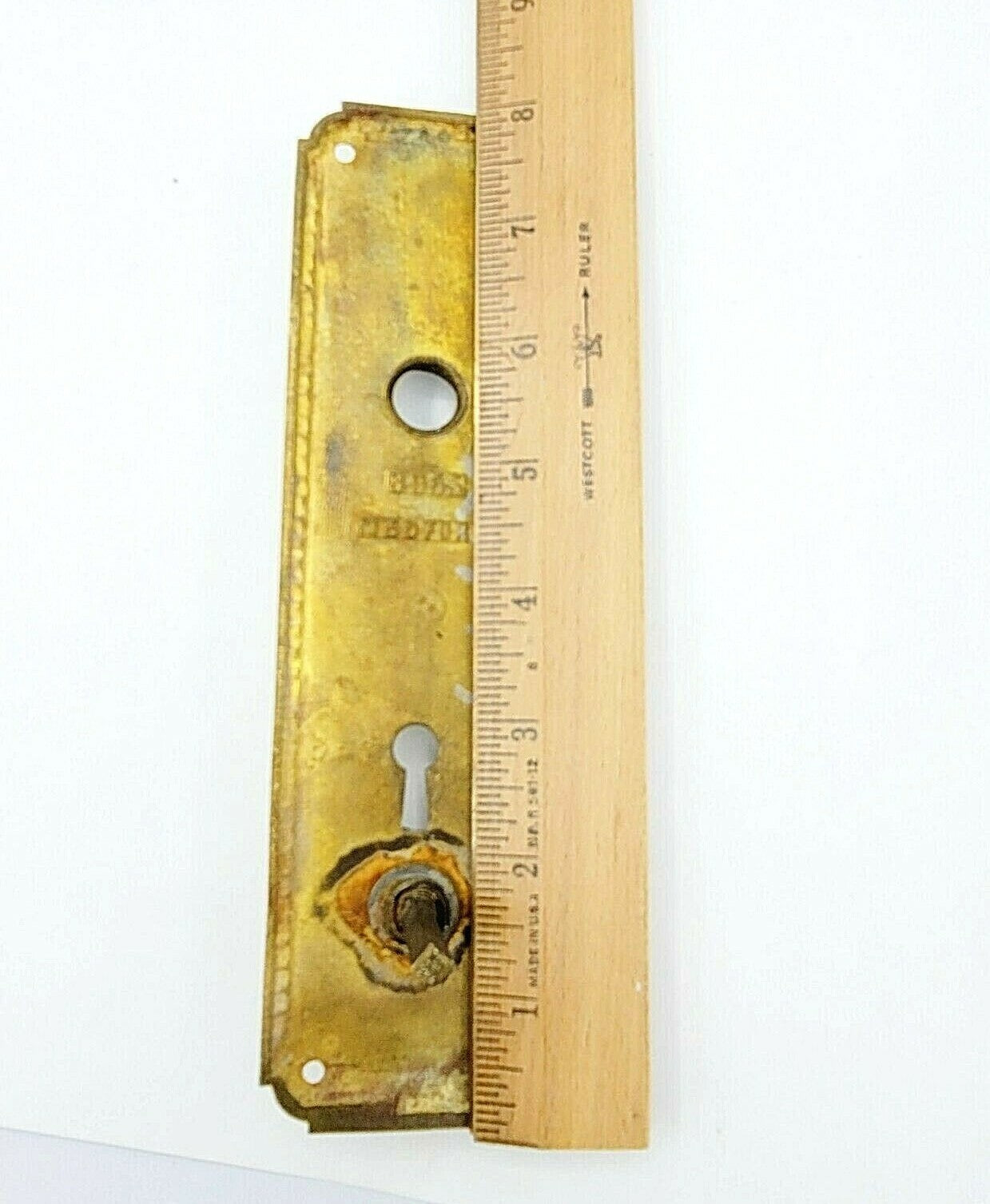 Antique MEDFORD Brass Doorknob Back Plate Thumb Lock 8" x 2 1/4"