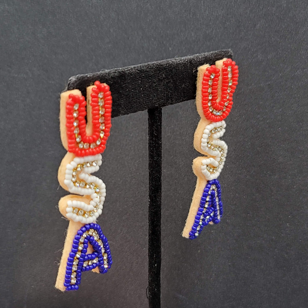 USA Pierced Earrings Beaded Felt Patriotic 4th of July Red White Blue 2.5"
