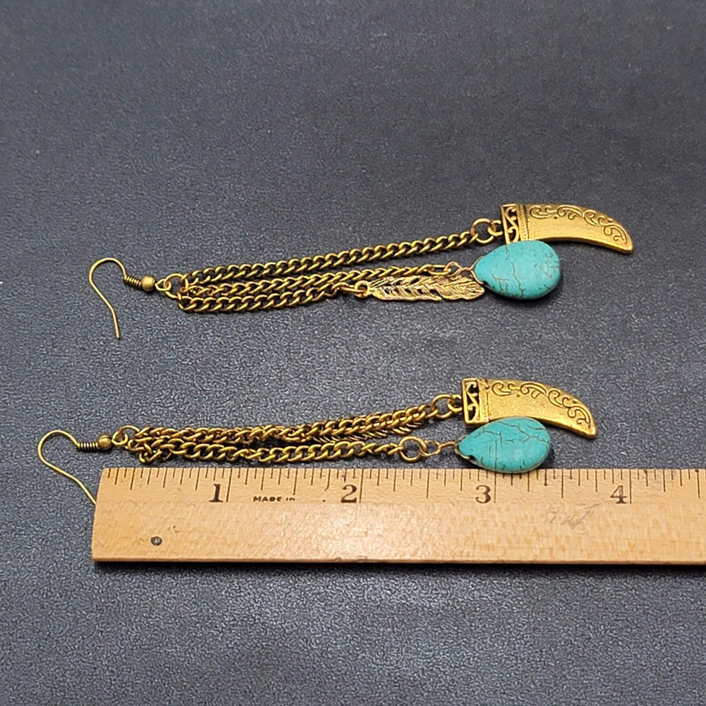 Pierced Earrings Large Gold tone Multi Chain Charms Beaded Statement 4"