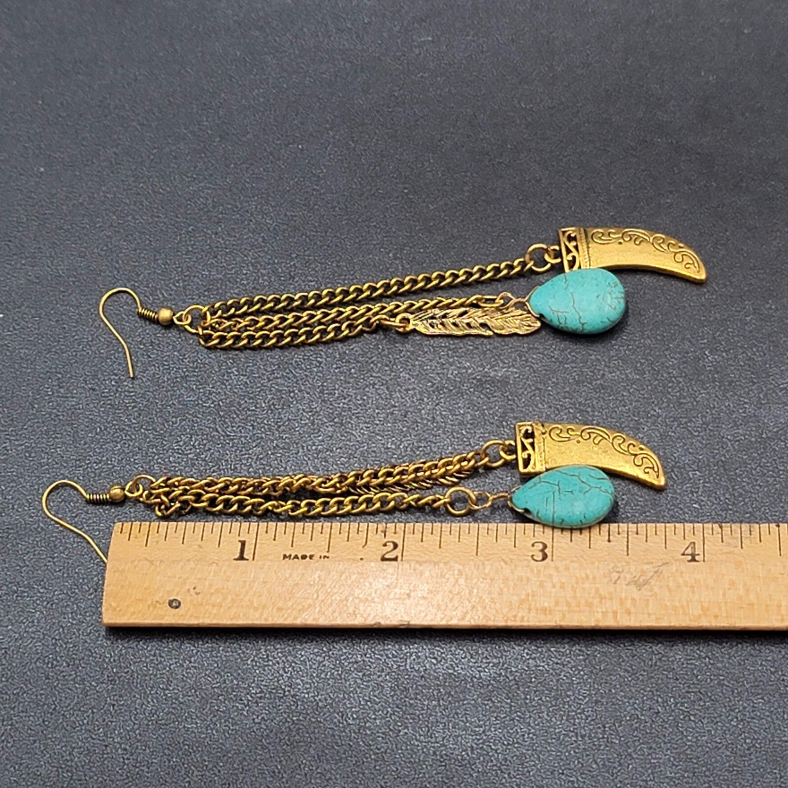 Pierced Earrings Large Gold tone Multi Chain Charms Beaded Statement 4"