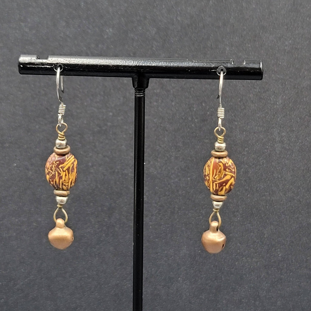 Pierced Earrings Brown Bead Copper Bell Dangle 1.25"