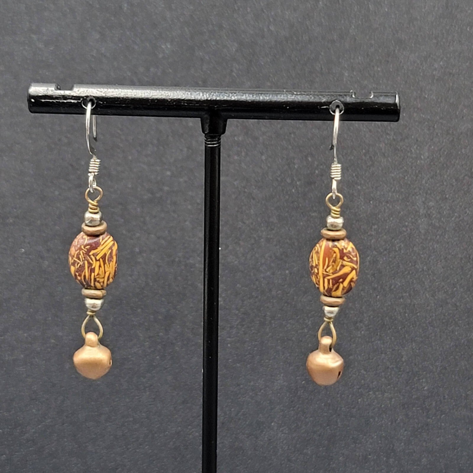 Pierced Earrings Brown Bead Copper Bell Dangle 1.25"