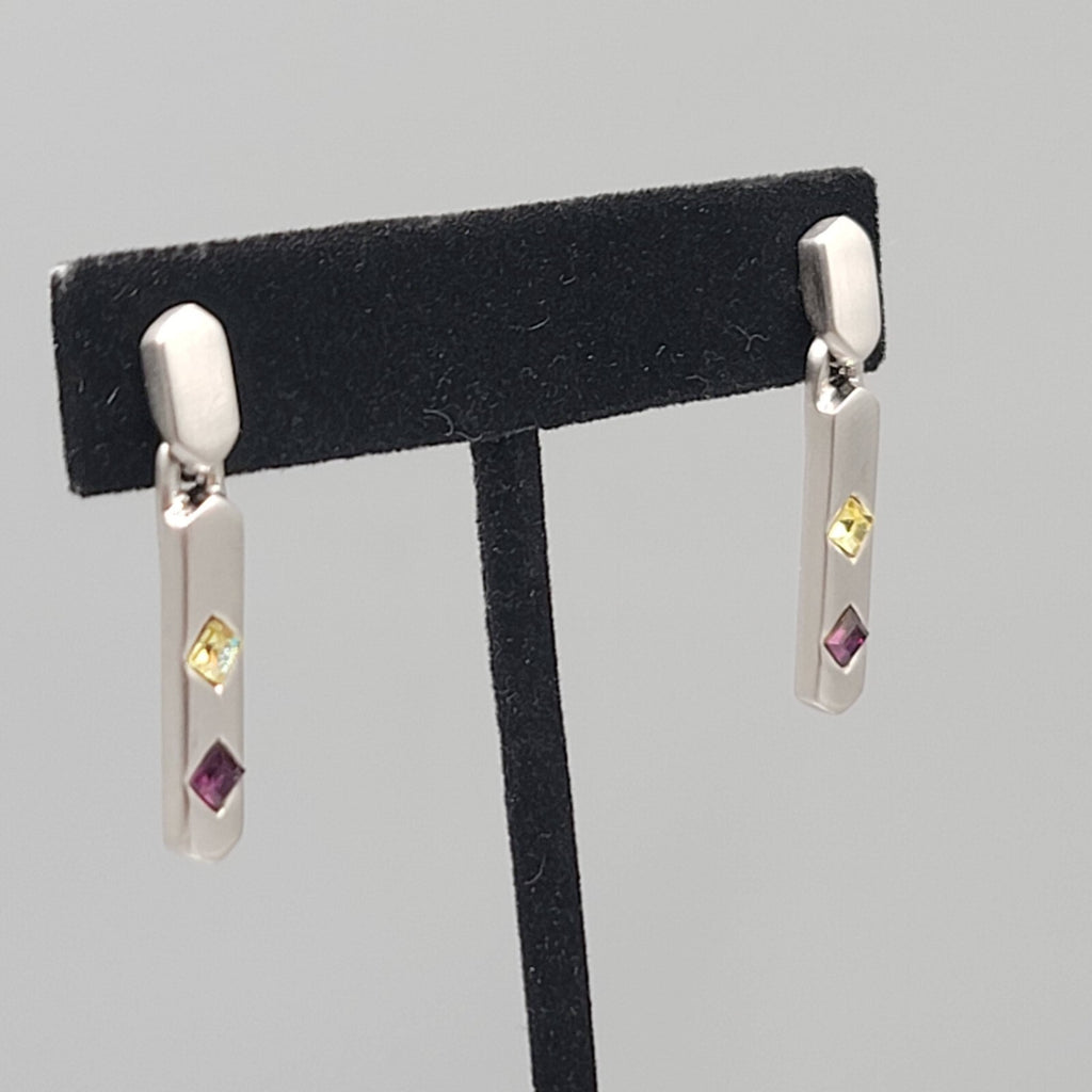 Pierced Earrings Silver tone Yellow Purple Crystal Dangle 1.25"