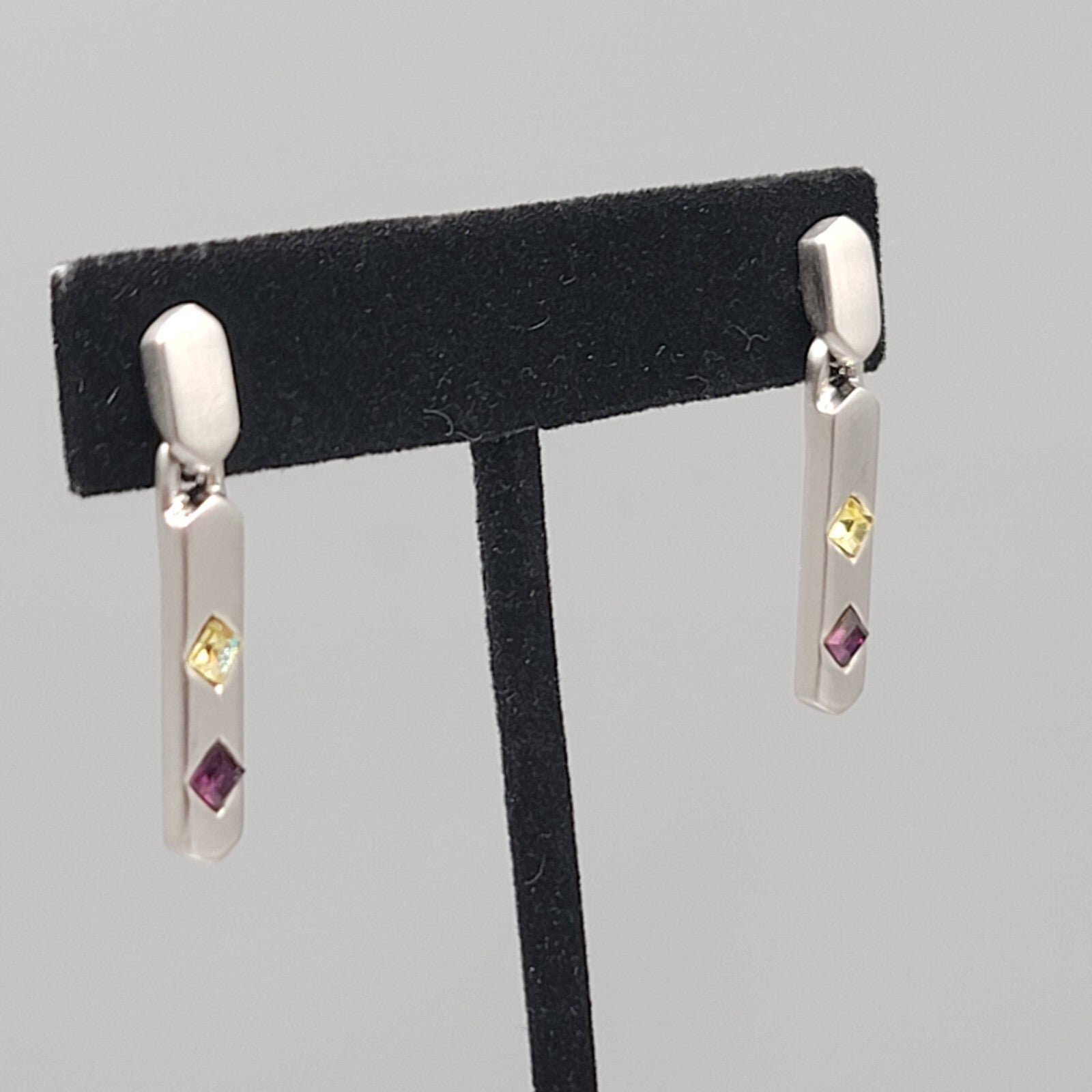 Pierced Earrings Silver tone Yellow Purple Crystal Dangle 1.25"