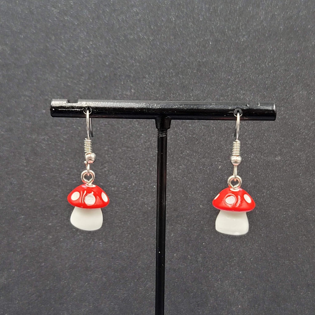 Pierced Earrings Red White Polka Dot Mushroom Dangle Cute 1/2"