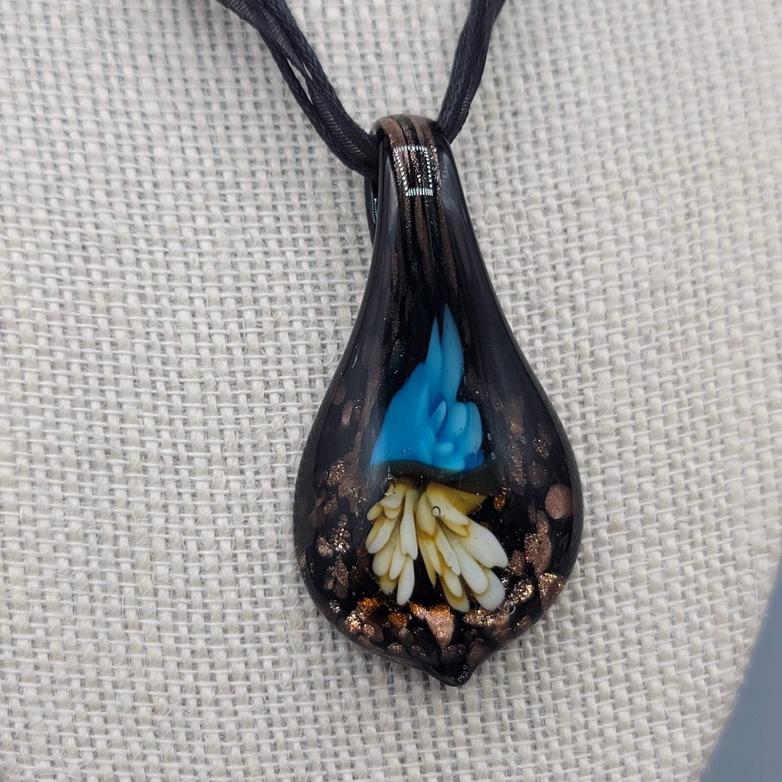 Art Glass Pendant Necklace Teardrop Flower Black Ribbon Cord 18"-19"