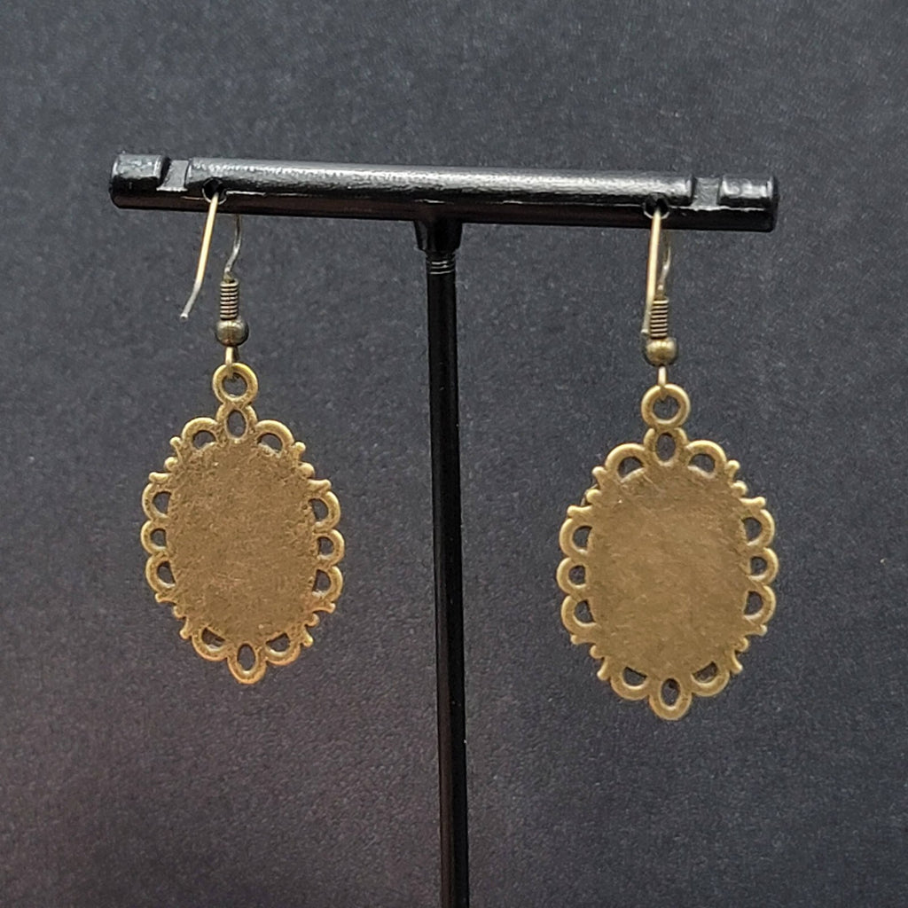 Pierced Earrings Bronze tone Real Photo Glass Cabochon Dangle 1.25"