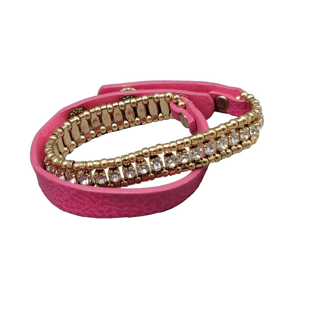 Pink Leather Crystal Wrap Bracelet Gold tone Snap Closure