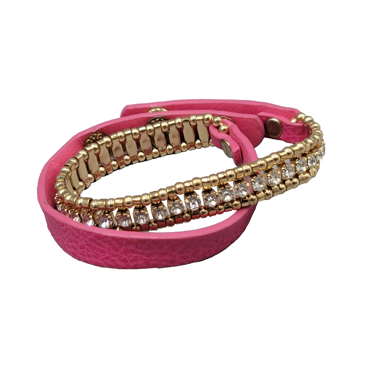 Pink Leather Crystal Wrap Bracelet Gold tone Snap Closure