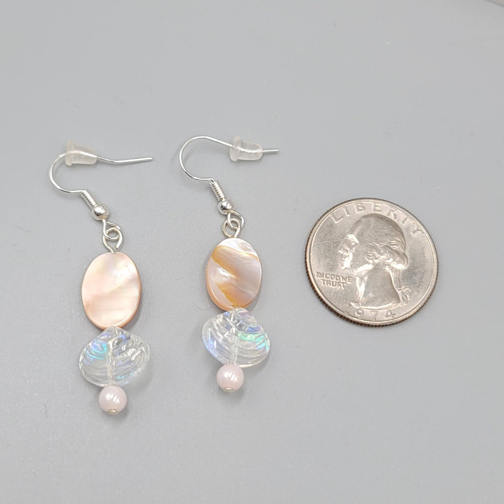 Shell Pierced Earrings Real Shell Glass Bead Dangle Silver tone 1.25"