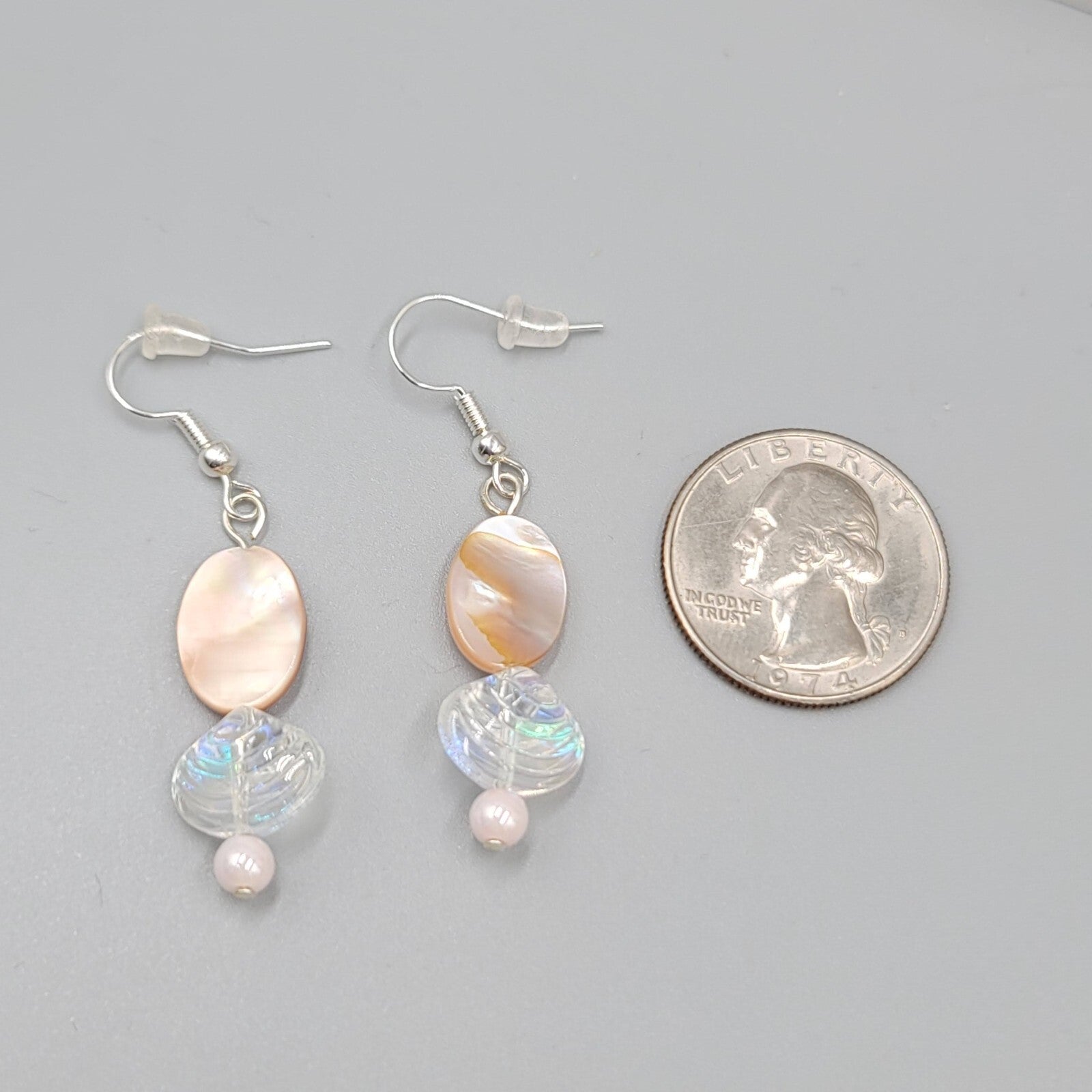 Shell Pierced Earrings Real Shell Glass Bead Dangle Silver tone 1.25"
