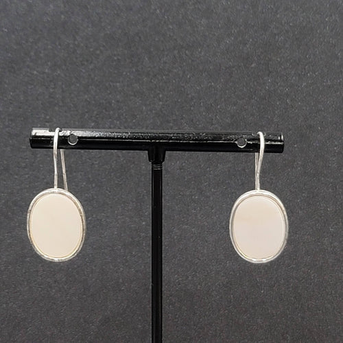 Avon Pierced Earrings Silver tone White Shell Inlay Oval Dangle 3/4"