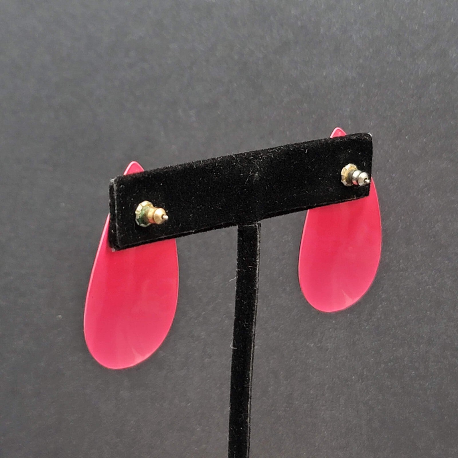 Vintage Pierced Earrings Hot Pink Enamel Long Teardrop 1.5"