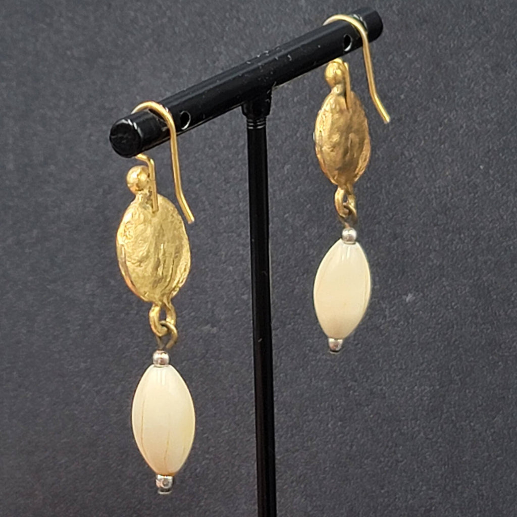 Pierced Earrings Brushed Gold Plated White Bead Dangle 1.5"