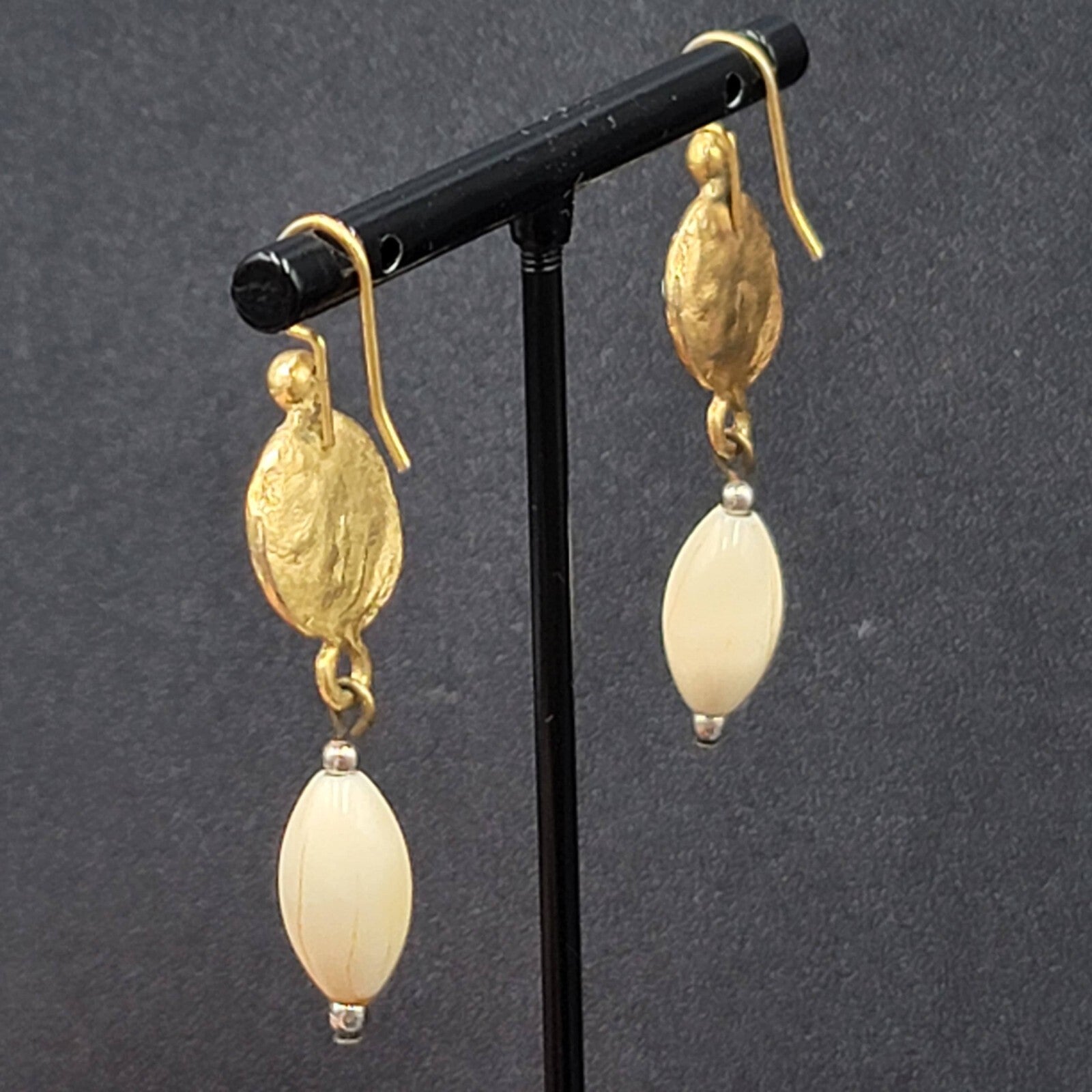 Pierced Earrings Brushed Gold Plated White Bead Dangle 1.5"