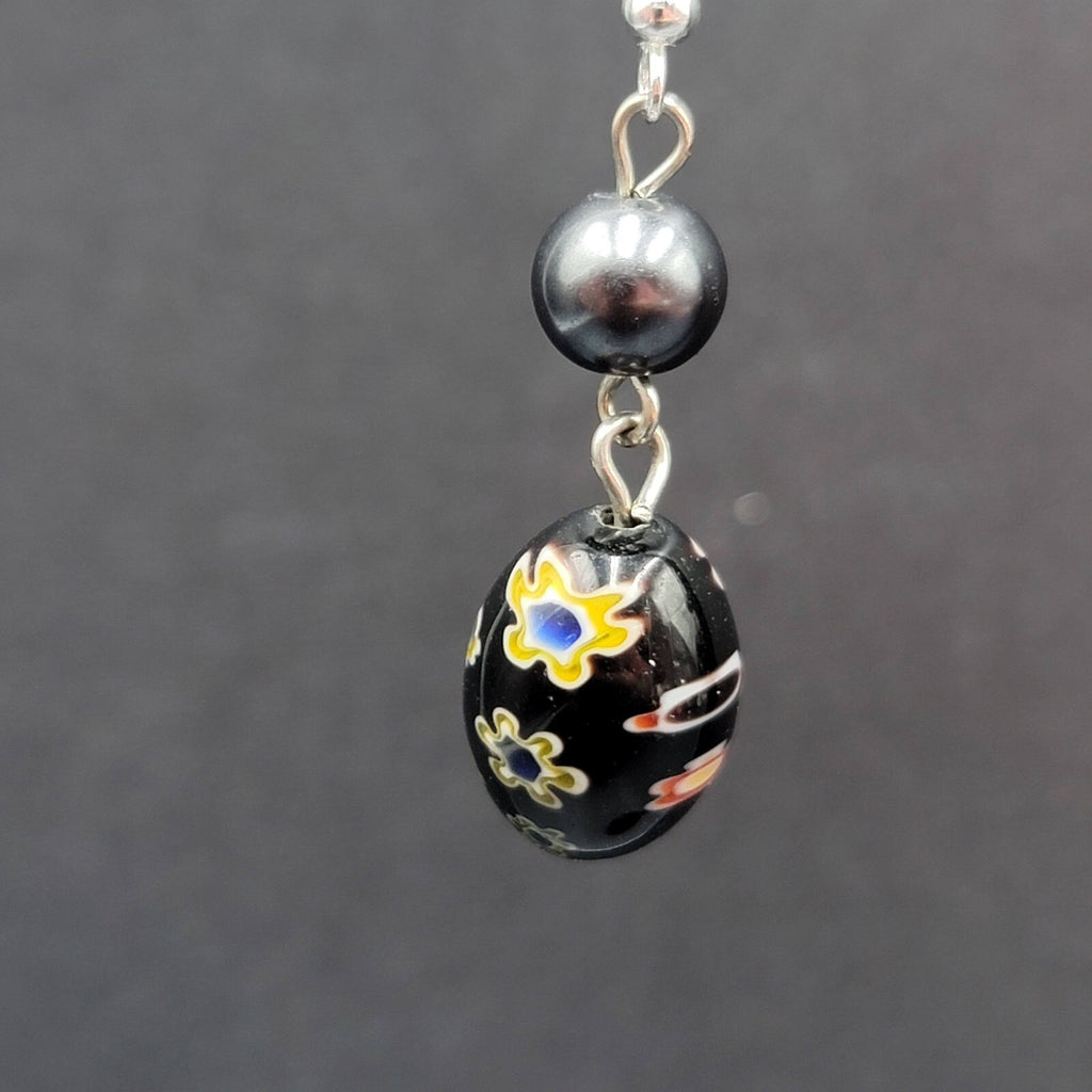 Pierced Earrings Sterling Silver Hooks Black Flower Art Glass Beads 1.25"