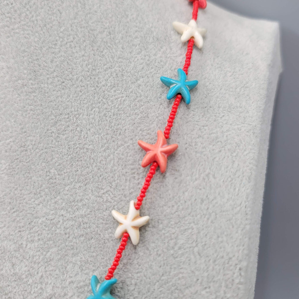 Red White Blue Stone Starfish Bead Necklace 20 in