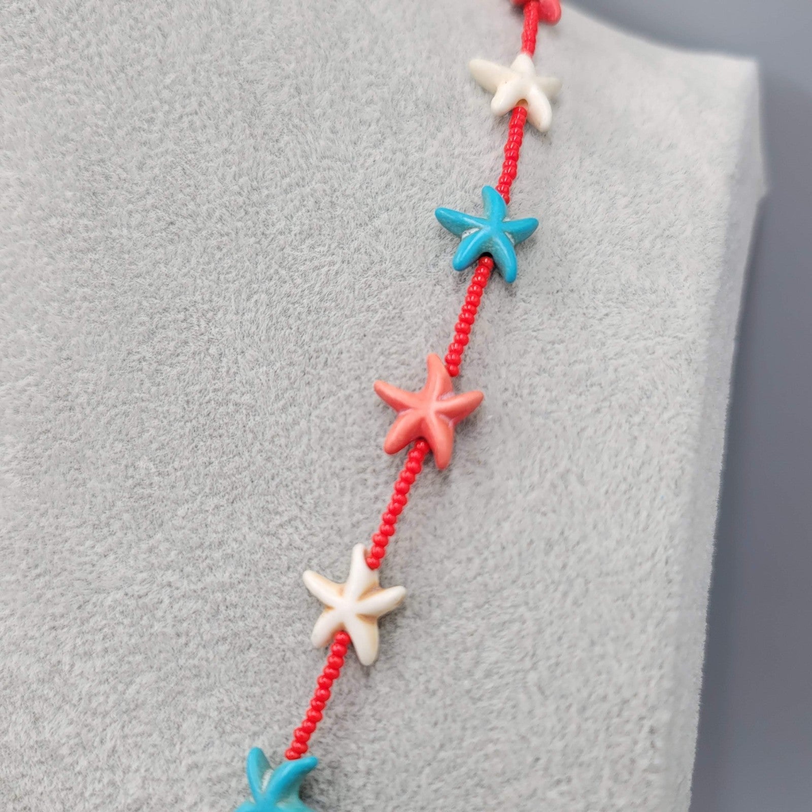 Red White Blue Stone Starfish Bead Necklace 20 in