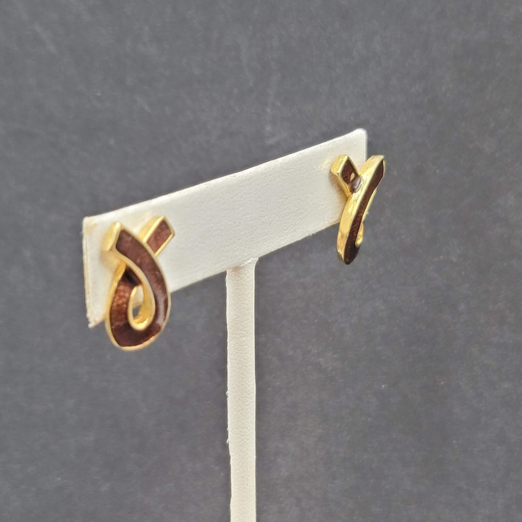 Vintage Pierced Earrings Gold tone Brown Enamel Ribbon Swish Studs 3/4"