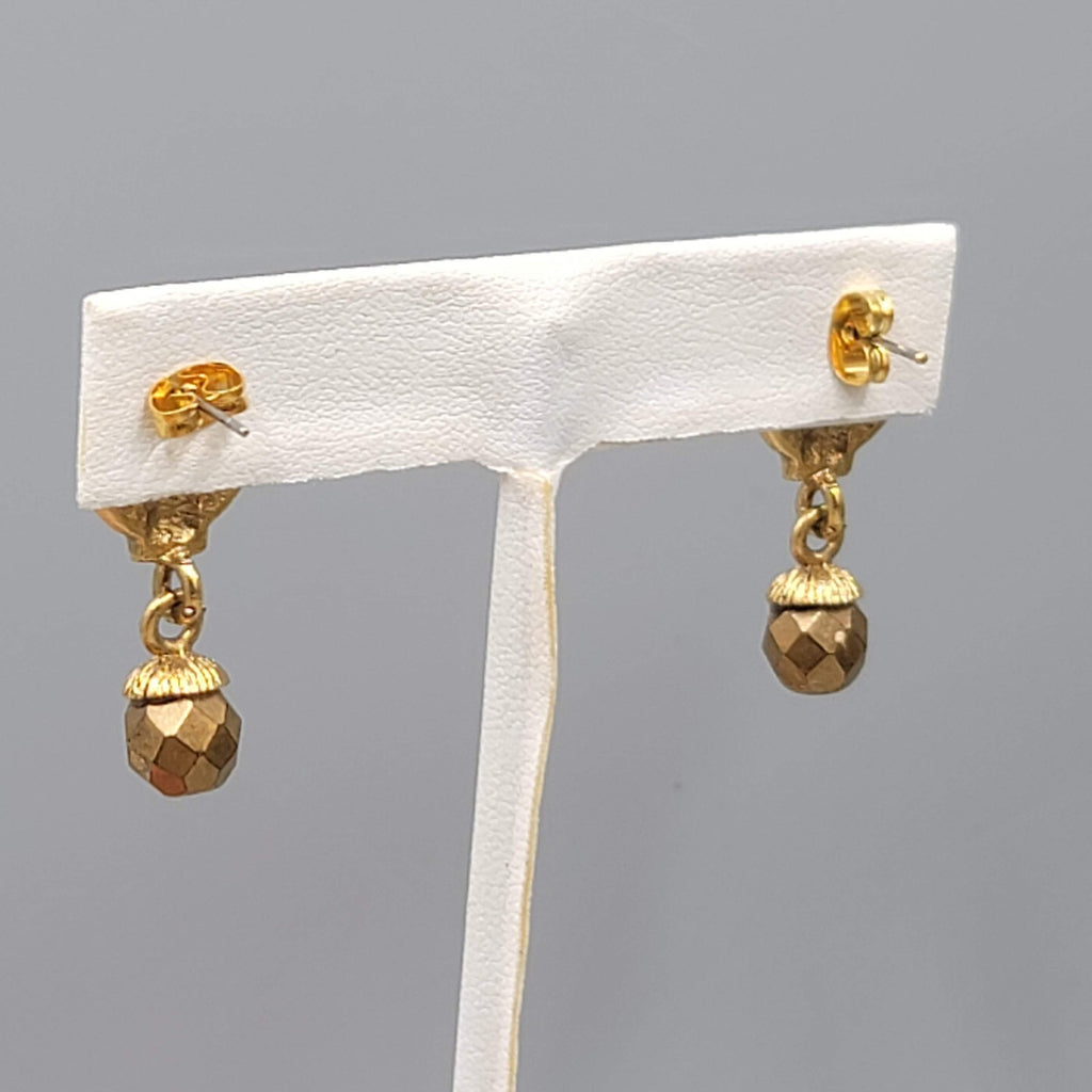 Pierced Earrings Gold tone Dangle Vintage Style Faceted Bead 1 1/8"