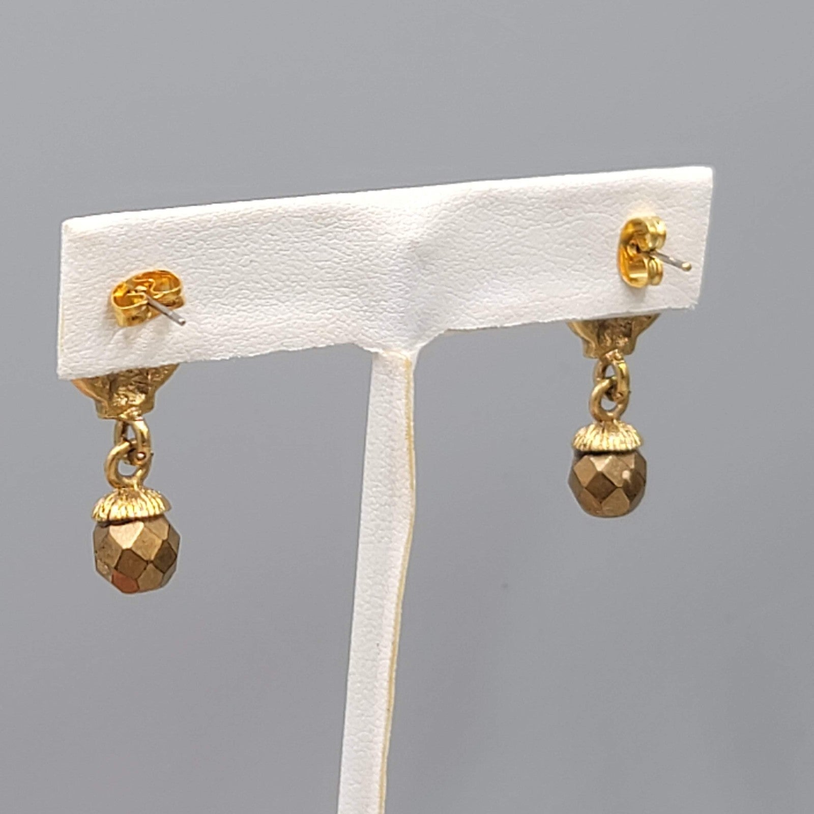 Pierced Earrings Gold tone Dangle Vintage Style Faceted Bead 1 1/8"