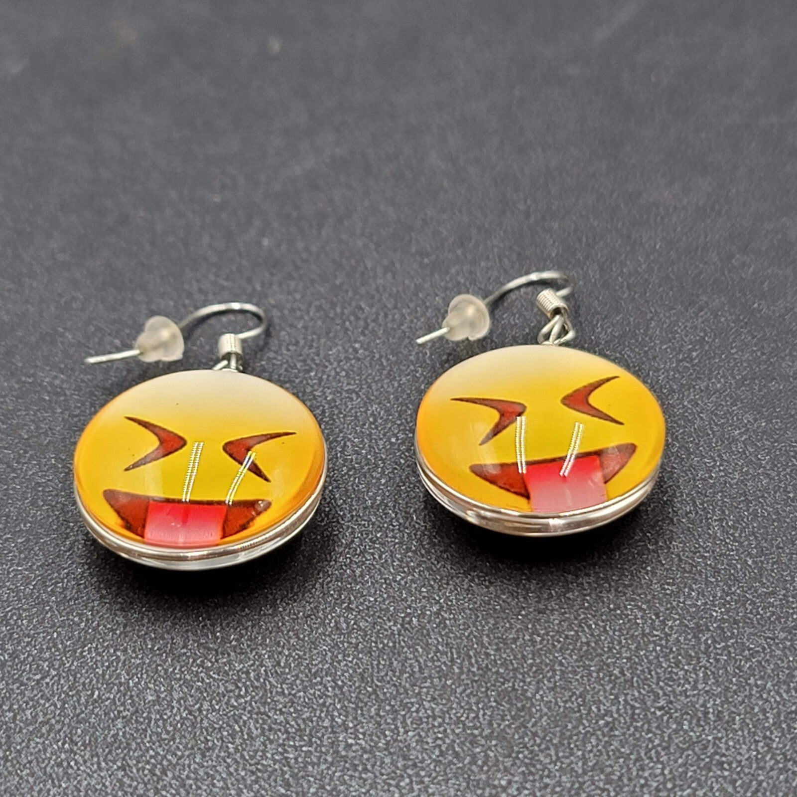 Pierced Earrings Glass Yellow Laughing Emoji Dangle 1"