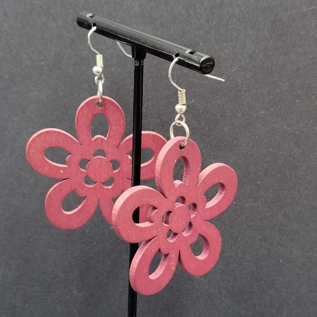 Flower Pierced Earrings Red Burgundy Laser Cut Wood Dangle 1.75"