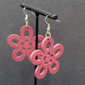 Flower Pierced Earrings Red Burgundy Laser Cut Wood Dangle 1.75"