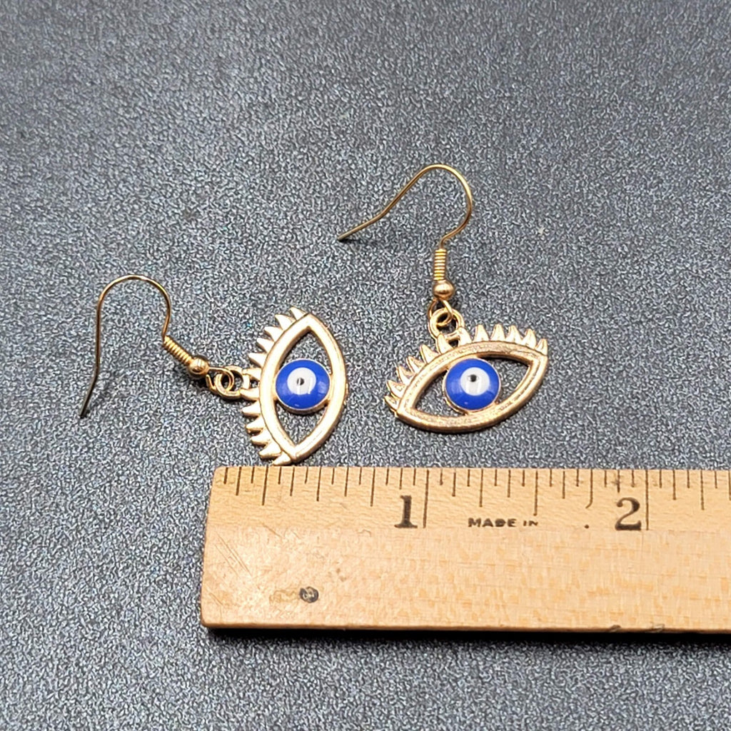 New Evil Eye Pierced Earrings Gold tone Enamel Dangle 3/4"