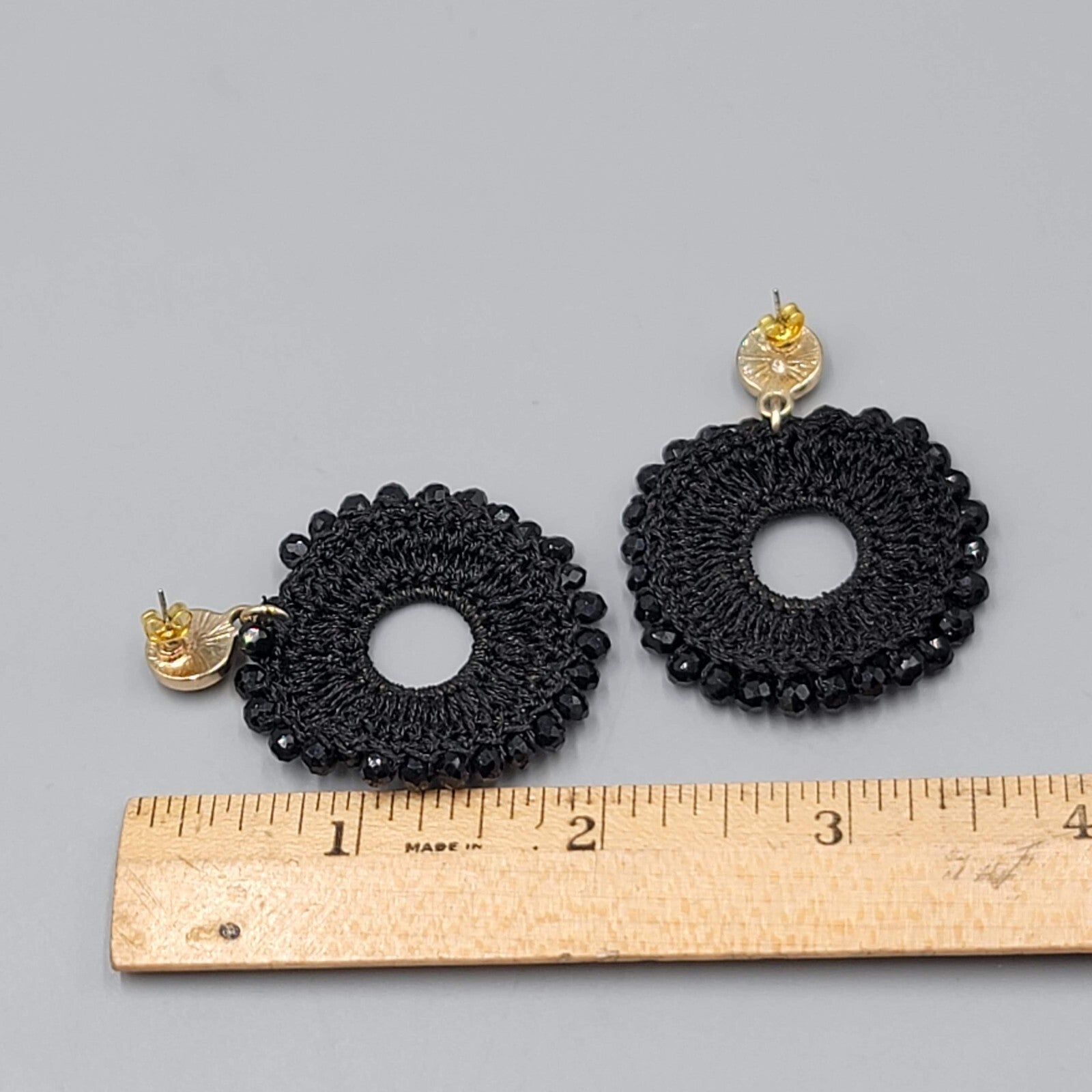 Black Crochet Bead Pierced Earrings Dangle 1.5"