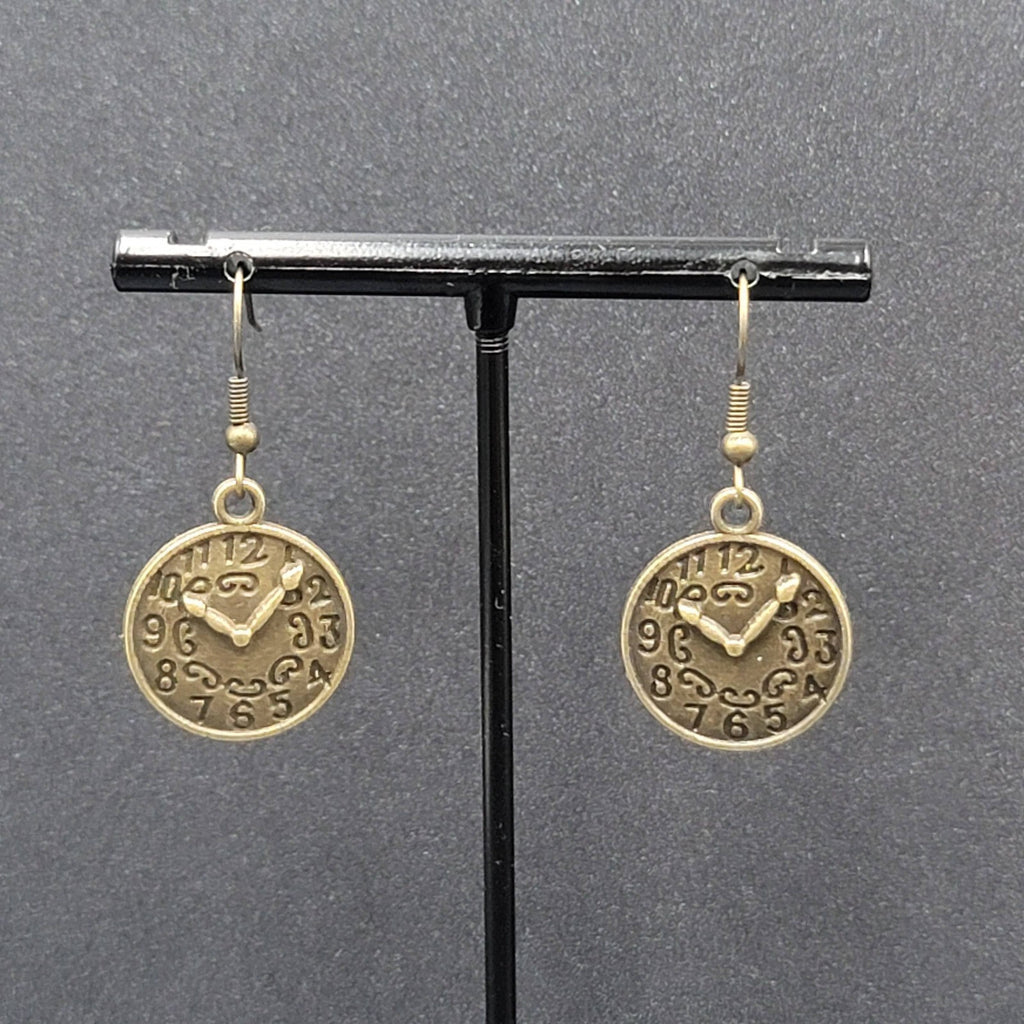 Clock Face Pierced Earrings Bronze tone Embossed Dangle 7/8"