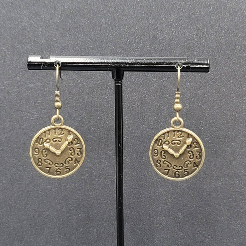 Clock Face Pierced Earrings Bronze tone Embossed Dangle 7/8"
