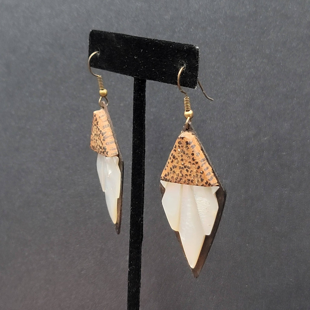 Vintage Pierced Earrings Wood Mother of Pearl Unique Hand Carved Dangle 2 1/8"