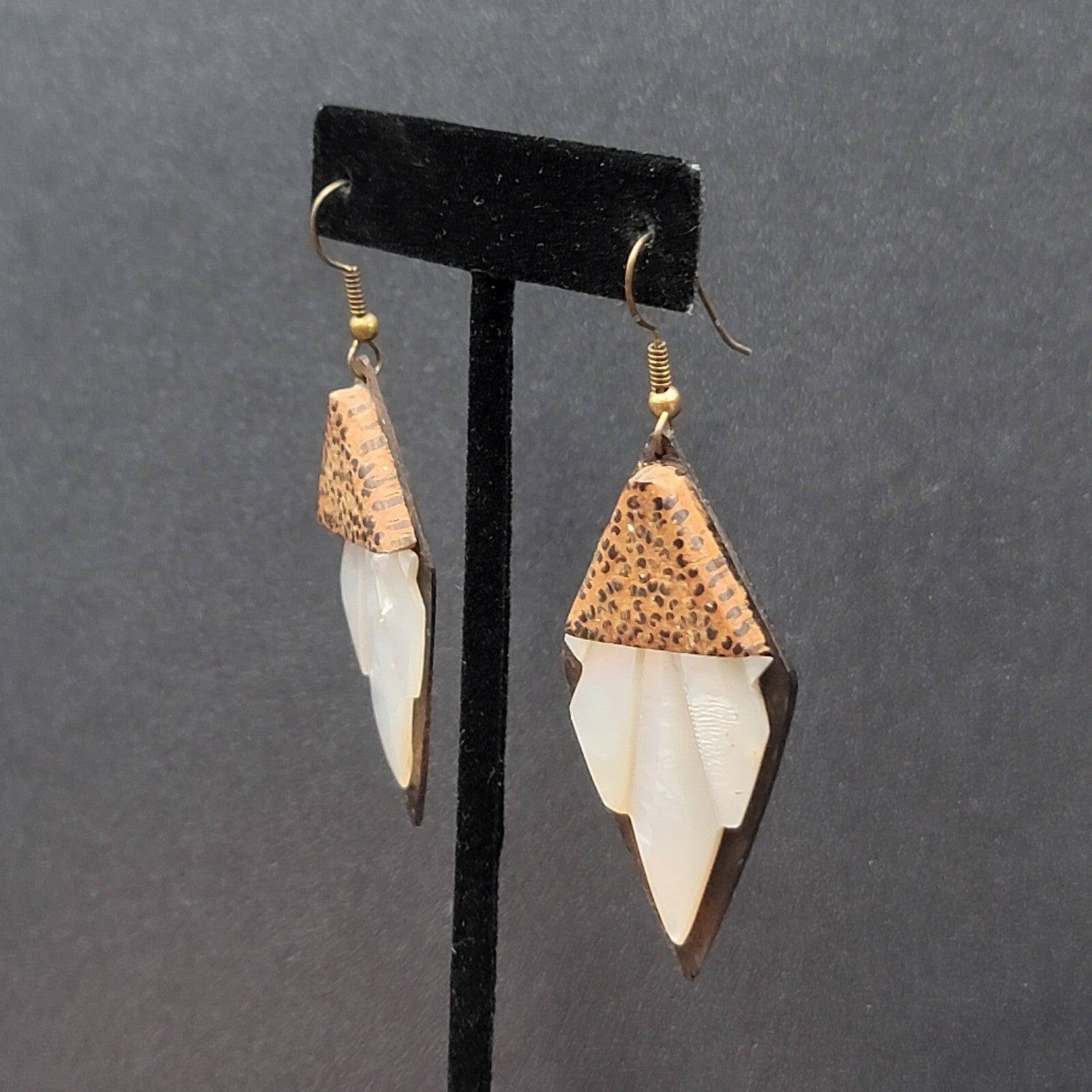 Vintage Pierced Earrings Wood Mother of Pearl Unique Hand Carved Dangle 2 1/8"